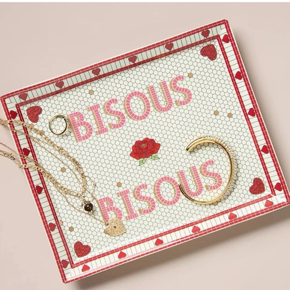 NWT Anthropologie Bistro Tile Tray Valentine Red Pink Dish Platter Bisous Kisses
